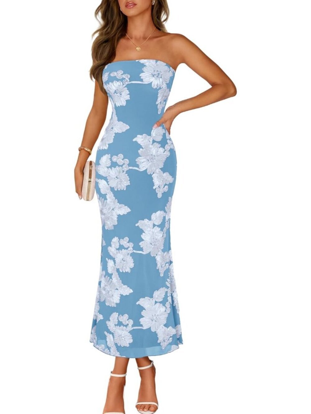 Women's Floral Strapless Maxi Dress Sky Blue Summer Mesh Bodycon Formal Dress